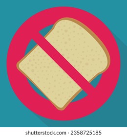 Símbolo rojo de prohibición circular con una rebanada de pan de sándwich tachado en un fondo azul con sombra en un diseño plano