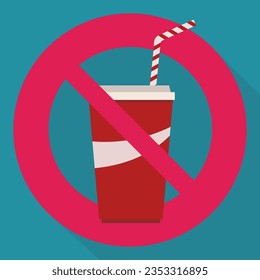 Red circular prohibition symbol with a red soda cup, with its lid and crossed out straw on a blue background with shadow in flat design style
