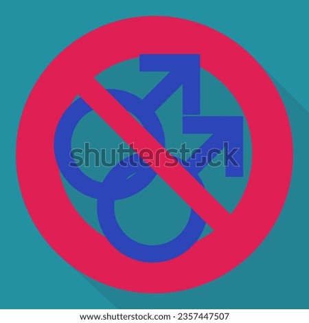 Red circular prohibition symbol with two linked blue male symbols of a male homosexual relationship crossed out on a blue background with shadow in flat design style