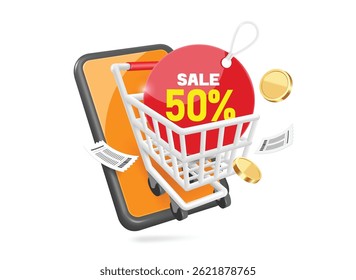 Red circular promotion tag label with message SALE 50% is placed in shopping cart used in supermarket, and all display on smartphone screen for online shopping advertising design, vector 3d isolated