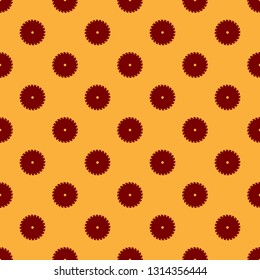 Red Circular saw blade icon isolated seamless pattern on brown background. Saw wheel. Flat design. Vector Illustration