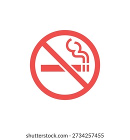 A red, circular sign displaying a white cigarette with smoke, indicating a no-smoking zone.