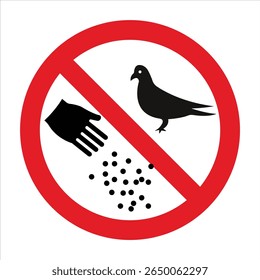 Red circular sign prohibiting feeding pigeons, promoting cleanliness and preventing overpopulation.