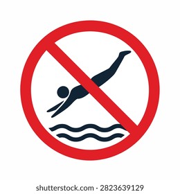 Red circular sign with a swimmer icon crossed out indicating no swimming allowed