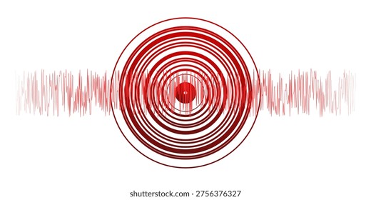 Red circular sound wave with horizontal digital audio signal frequency
