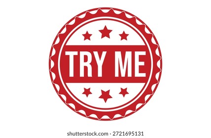 Carimbo circular vermelho com texto try me e estrelas brancas