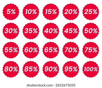 Red circular starburst shape discount badge pack, white on red, minimalist design, sale icon discount badge promotional graphics vector illustration 10% 20% 30% 40% 50% 50% 60% 70% 80% 90% 100% free