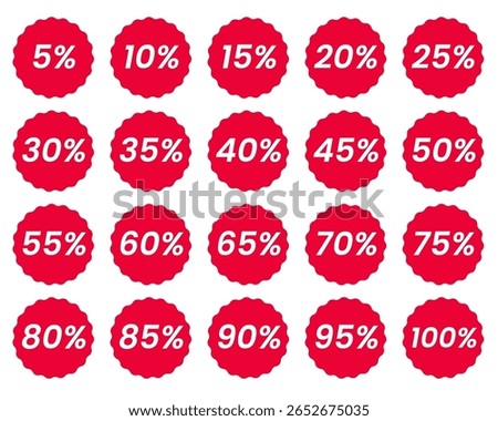 Red circular starburst shape discount badge pack, white on red, minimalist design, sale icon discount badge promotional graphics vector illustration 10% 20% 30% 40% 50% 50% 60% 70% 80% 90% 100% free