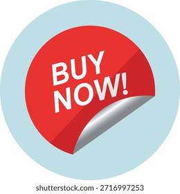 Adesivo circular vermelho com texto branco B U Y N O W descascando um fundo azul claro comprar agora