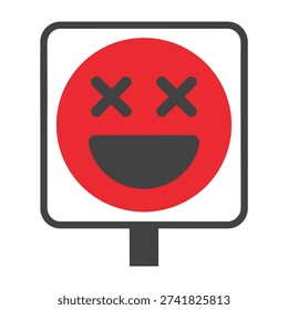 Red circular warning sign with a stylized dark grey cartoon face showing crossed out eyes and a wide open mouth symbolizing a state of shock or extreme emotion presented
