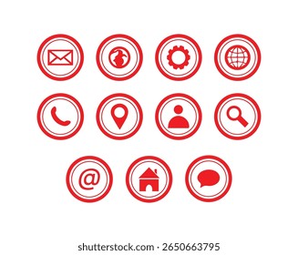 Red Circular Web Icons Set – Email, Location, Home, Settings, Search or more icons, vector file