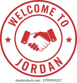 Red circular welcome to Jordan stamp featuring a handshake icon, travel and tourism emblem for Jordan promotion