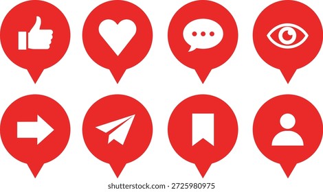 Roter Kreis mit weißen Symbolen, die Social-Media-Aktionen und Interaktionskreise der Benutzer darstellen