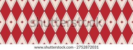Red Circus Argyle Seamless Pattern with Star. Harlequin rhombus background. Geometric masquerade ornament. Holiday festival. Simple print for wrapping paper, fabric and textile. Vector illustration