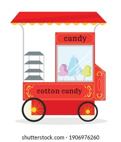 red circus cart kiosk on wheels. cotton candy store. red and glass showcase with cotton wool.