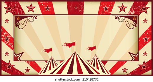 Red circus invitation. Circus invitation with sunbeams and a large frame. A retro invitation card for your circus company.