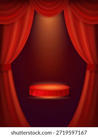 Red circus podium curtains background with empty space for text or design. Creative concept for show, carnival, festival, event, party, performance and more. Vertical vector illustration