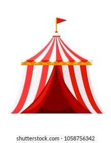 Red circus tent with flag. Amusement park concept. Vector illustration isolated on white background. Website page and mobile app design.