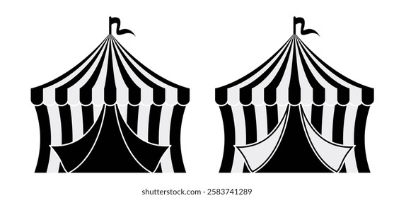 Red circus tent with flags. Awning, canopy and flag sign. Carnival tent. Striped canopy shop. Outdoor sunshade. Attraction with fun show, artists, tame animals performing in a circus theater. 