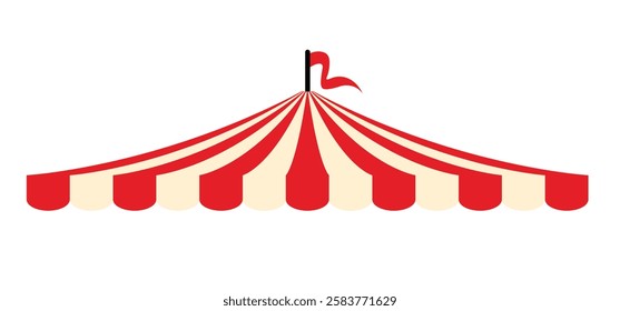 Red circus tent with flags. Awning, canopy and flag sign. Carnival tent. Striped canopy shop. Outdoor sunshade. Attraction with fun show, artists, tame animals performing in a circus theater.  