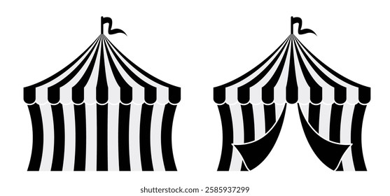 Red circus tent with flags. Awning, canopy and flag sign. Carnival tent. Striped canopy shop. Outdoor sunshade. Attraction with fun show, artists, tame animals performing in a circus theater.  