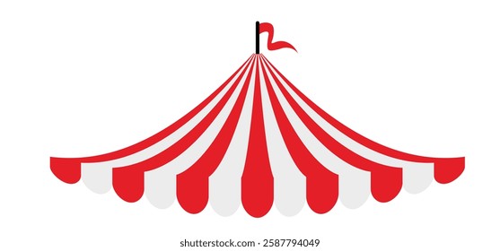 Red circus tent with flags. Awning, canopy and flag sign. Carnival tent. Striped canopy shop. Outdoor sunshade. Attraction with fun show, artists, tame animals performing in a circus theater.  