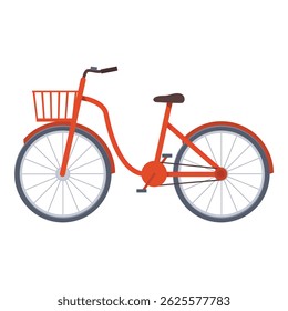 Red city bicycle with basket standing on white background, eco friendly transportation in flat design