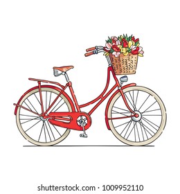 Red city bicycle with a flower basket in front. Vector illustration.