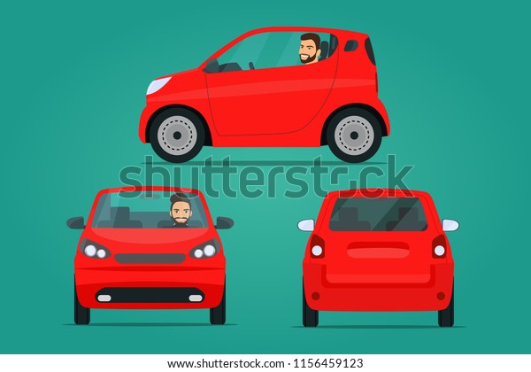 Red сompact city car\
set. Car with driver man side view, back view and front view.\
Vector flat illustration