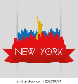 a red cityscape with a silhouette of the statue of liberty