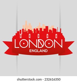 a red cityscape with white silhouettes of traditional phone boxes of london