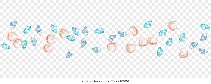 Red Clam Background Transparent Vector. Snail Seamless Illustration. Nautical Textile Card. Orange Shellfish Drawn Wallpaper. Navy Starfish.