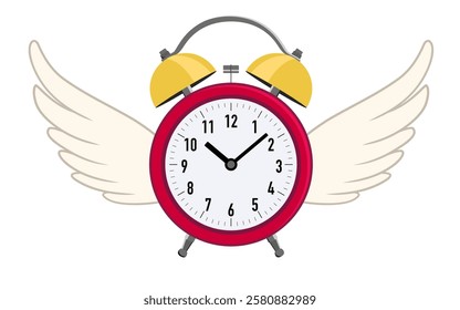 Red classic alarm clock flying on wings. Vector illustration isolated on white background