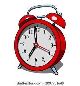 Reloj rojo clásico de alarma con sombra aislada sobre fondo blanco. Ilustración vector semirealista