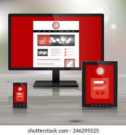 Red classic application template design for corporate identity with round wavy element. Stationery set