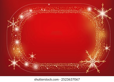 Red classic background Christmas frame border Card Joyful tale Snowflakes around Copy space greeting text Holiday design New year mood December winter ornament Golden bright confetti Holiday template