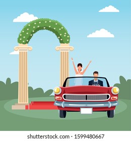 Red classic car with Just married couple over floral arch and landscape background, colorful design, vector illustration