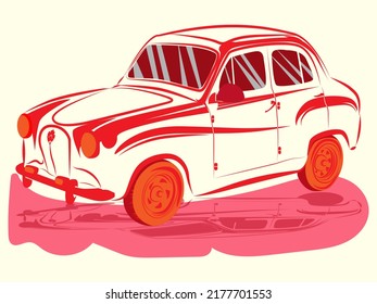 coche rojo clásico con sombras sobre parches de agua