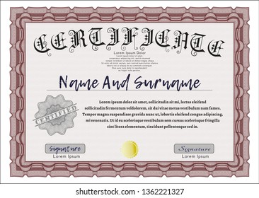 Red Classic Certificate template. With complex linear background. Cordial design. Vector illustration. 
