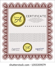 Red Classic Certificate template. Excellent design. Vector illustration. With complex linear background. 