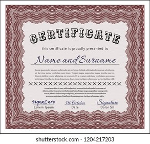 Red Classic Certificate template. With great quality guilloche pattern. Vector illustration. Money Pattern design. 
