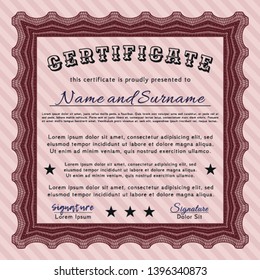 Red Classic Certificate template. With linear background. Money Pattern. Detailed. 