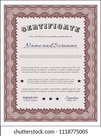 Red Classic Certificate template. Lovely design. Detailed. With linear background. 