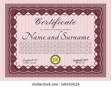 Red Classic Certificate template. Lovely design. Vector illustration. With complex background. 