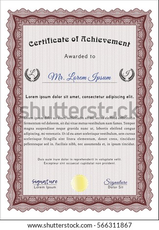 Red Classic Certificate template. Money style design. Vector illustration. Complex background. 