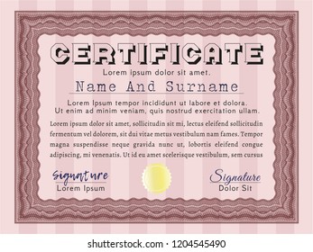 Red Classic Certificate template. Nice design. With guilloche pattern. Vector illustration. 