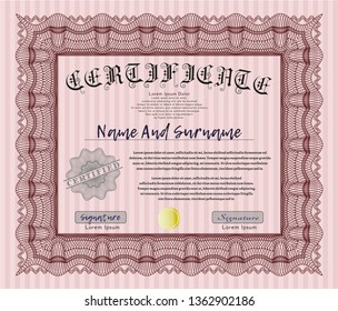 Red Classic Certificate template. Superior design. With guilloche pattern and background. Vector illustration. 