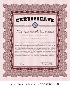 Red Classic Certificate template. Vector illustration. With complex linear background. Elegant design. 