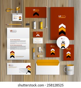 Red classic corporate identity template design with black and yellow arrows. Business stationery