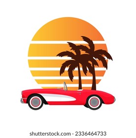 Red classic corvette car. Summer sunset with palm trees background in retro vintage style. Design print illustration, sticker, poster. Vector svg